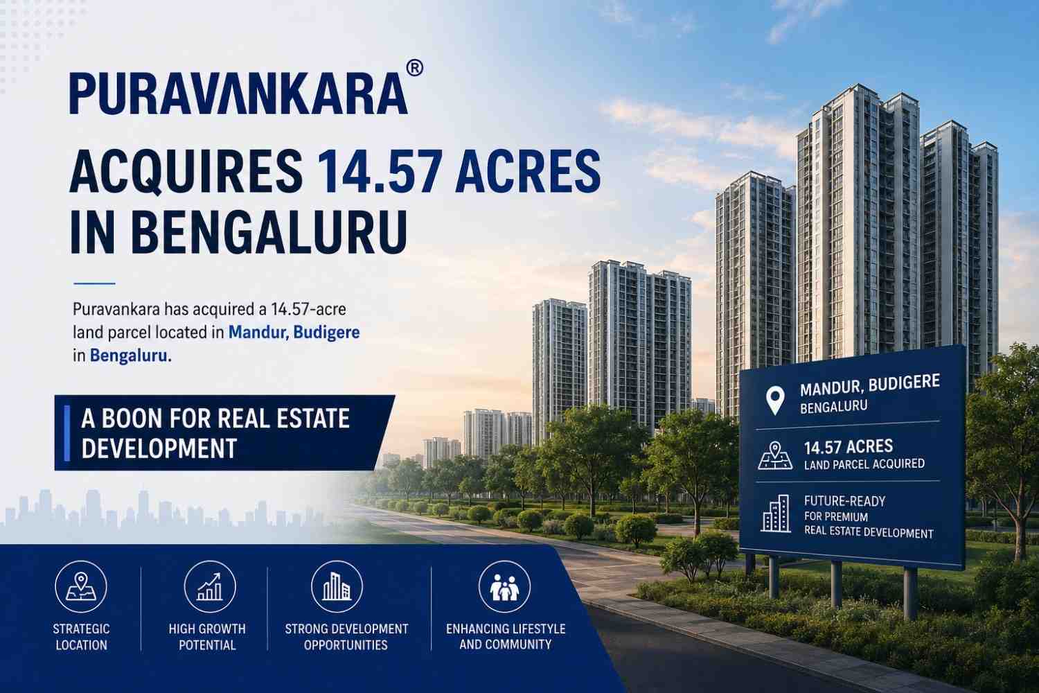 Aerial view of a large land parcel in Bengaluru with construction and urban development activity, representing Puravankara's 14.57-acre acquisition in Mandur-Budigere.