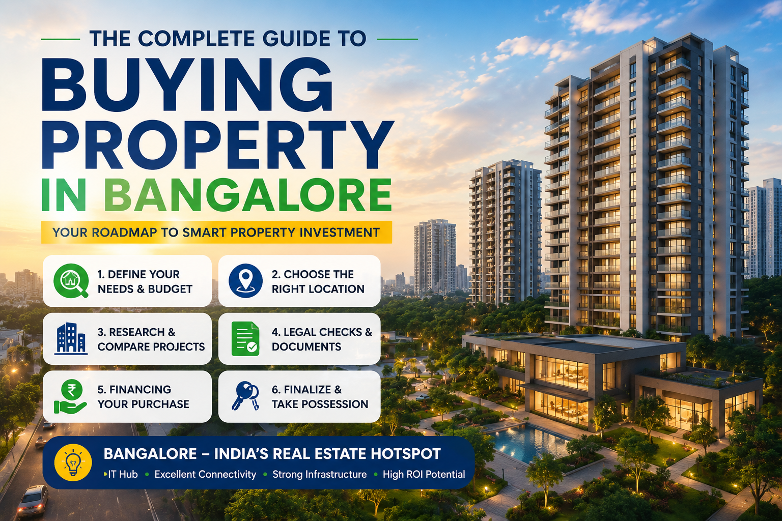 A prospective homebuyer reviewing Bangalore property listings with modern residential apartments in the background, representing smart property buying and real estate investment in Bangalore.