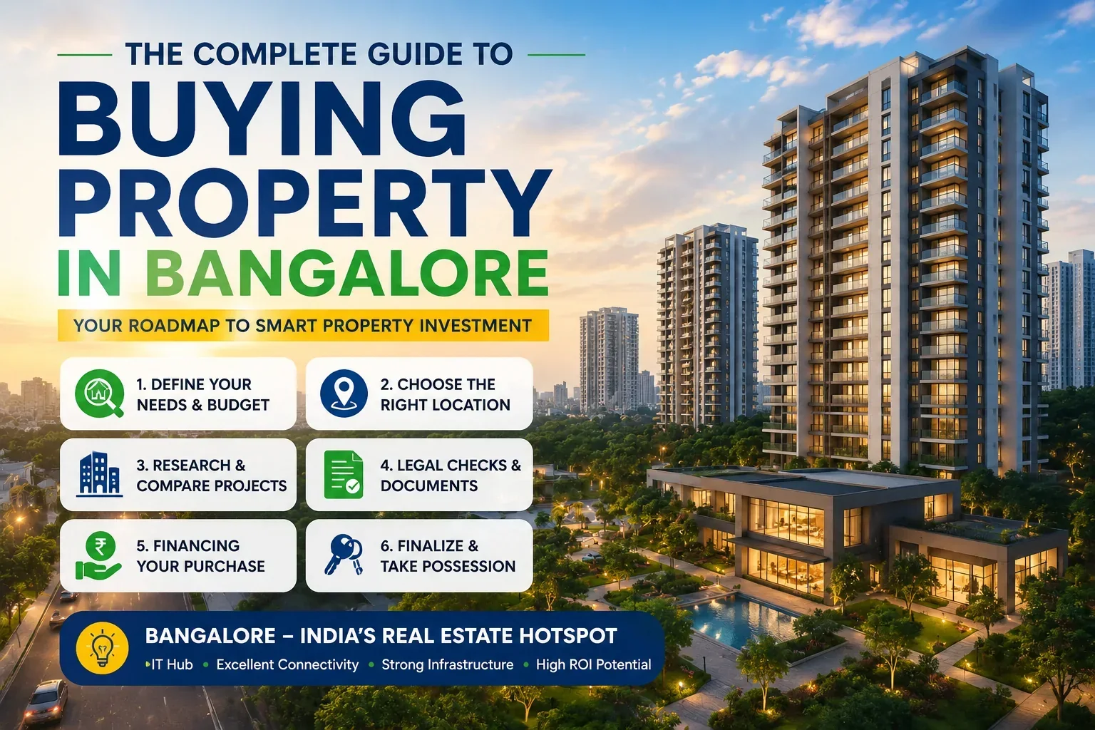 A prospective homebuyer reviewing Bangalore property listings with modern residential apartments in the background, representing smart property buying and real estate investment in Bangalore.
