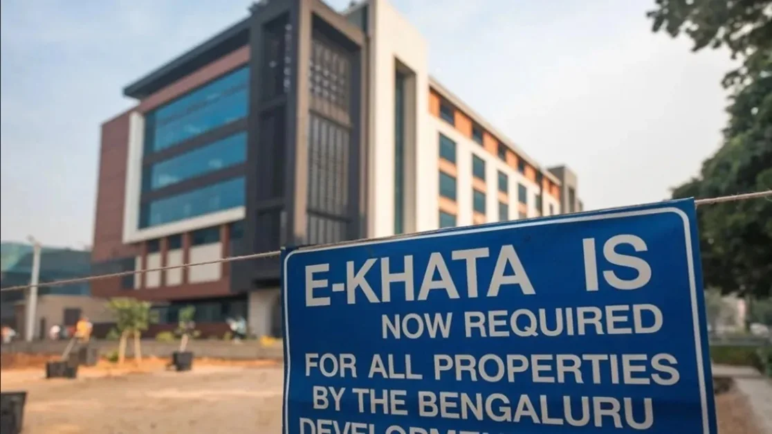 A laptop screen showing a Bengaluru municipal portal with e-Khata property details being accessed online, representing digital property documentation in Bangalore.