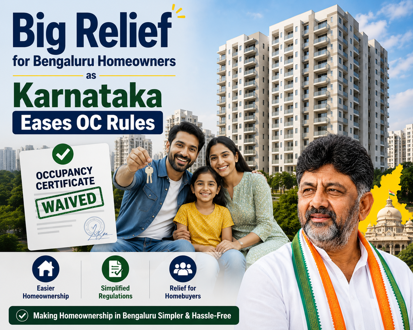 Homeowners in Bengaluru reviewing property documents after Karnataka's Occupancy Certificate exemption announcement. Alt text: "Karnataka OC exemption for Bengaluru residential properties"