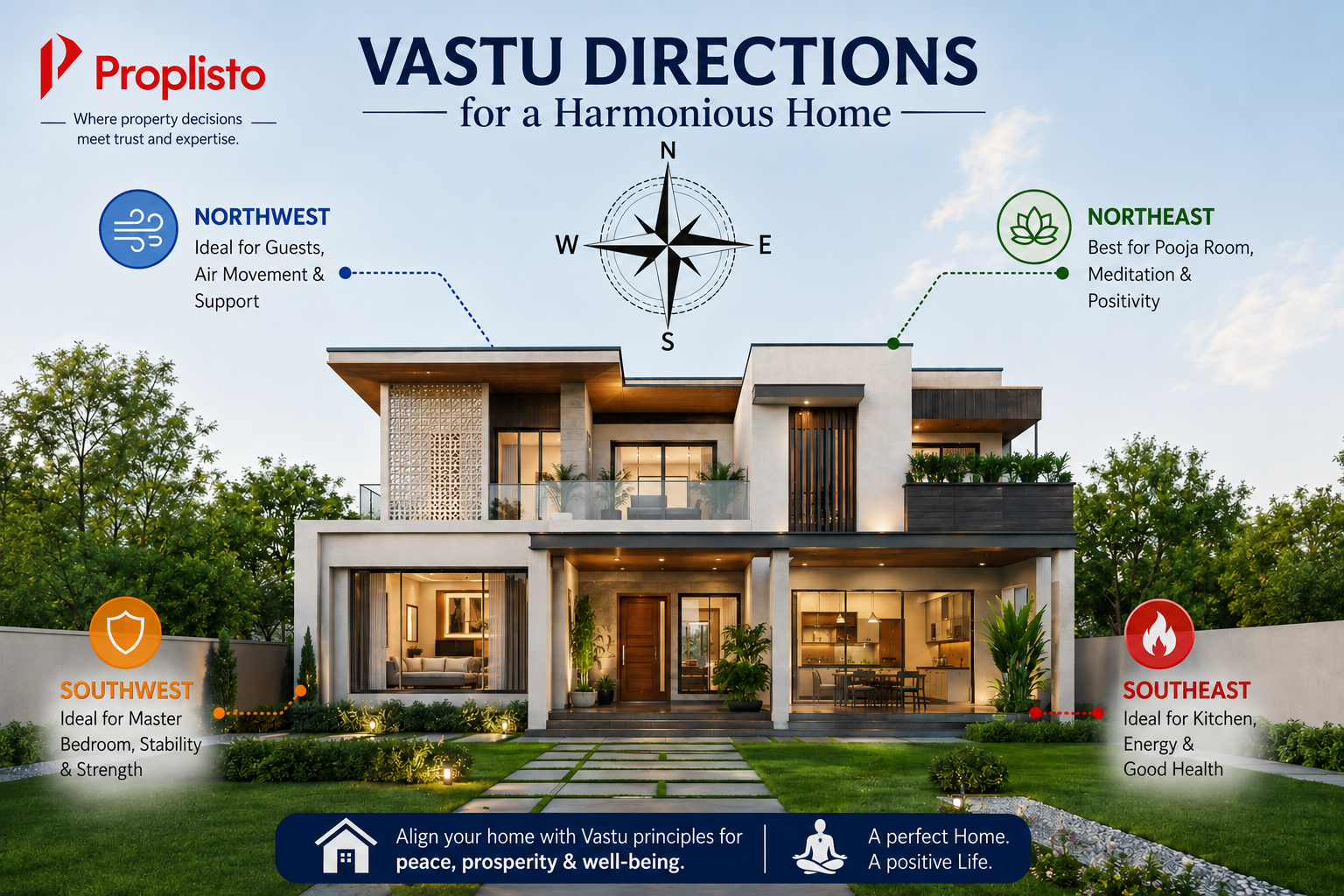 A modern Indian home with directional compass markings, Vastu Shastra layout zones, sunlight flow, and architectural planning elements illustrating Vastu principles for home buyers.