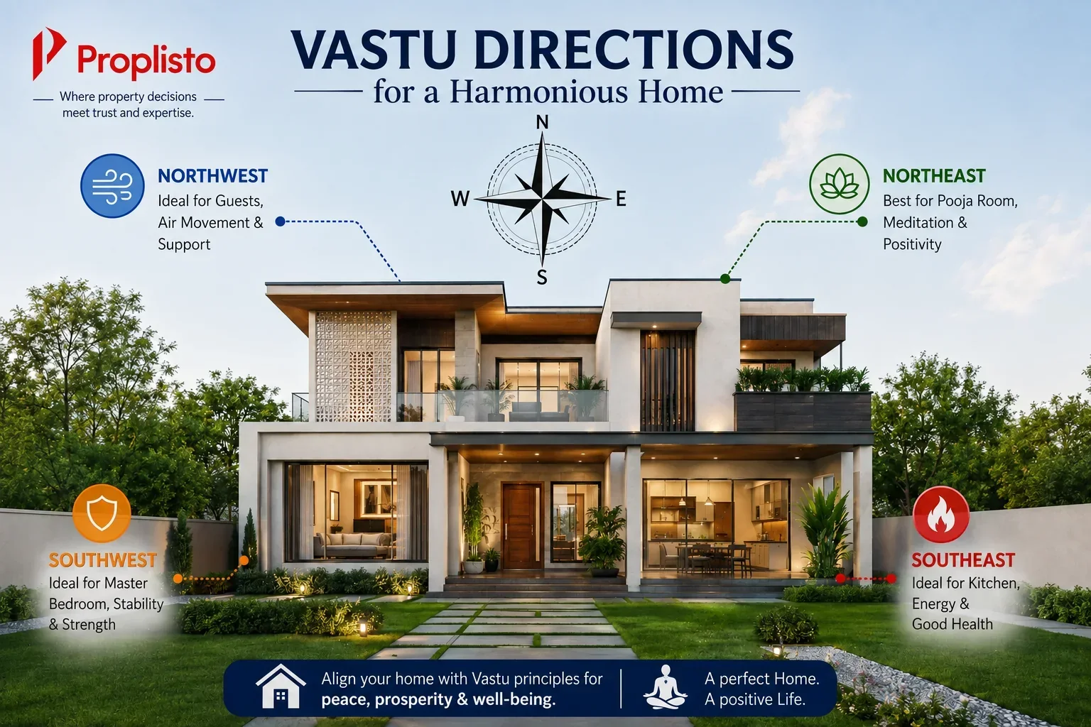 A modern Indian home with directional compass markings, Vastu Shastra layout zones, sunlight flow, and architectural planning elements illustrating Vastu principles for home buyers.