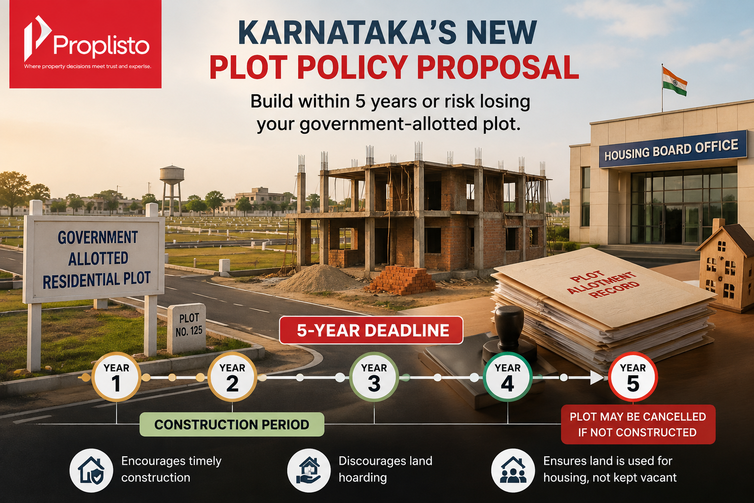 Government-allotted residential plots in a planned Karnataka housing layout with a house under construction, government office elements, and a five-year timeline graphic illustrating the proposed construction deadline policy.