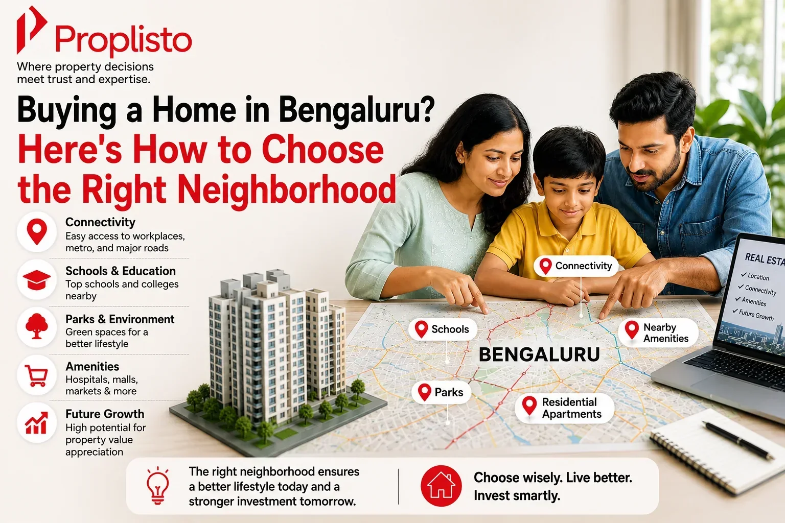 A family reviewing a map of Bengaluru neighborhoods while comparing residential apartments, connectivity, schools, parks, and nearby amenities to choose the ideal location for their new home.