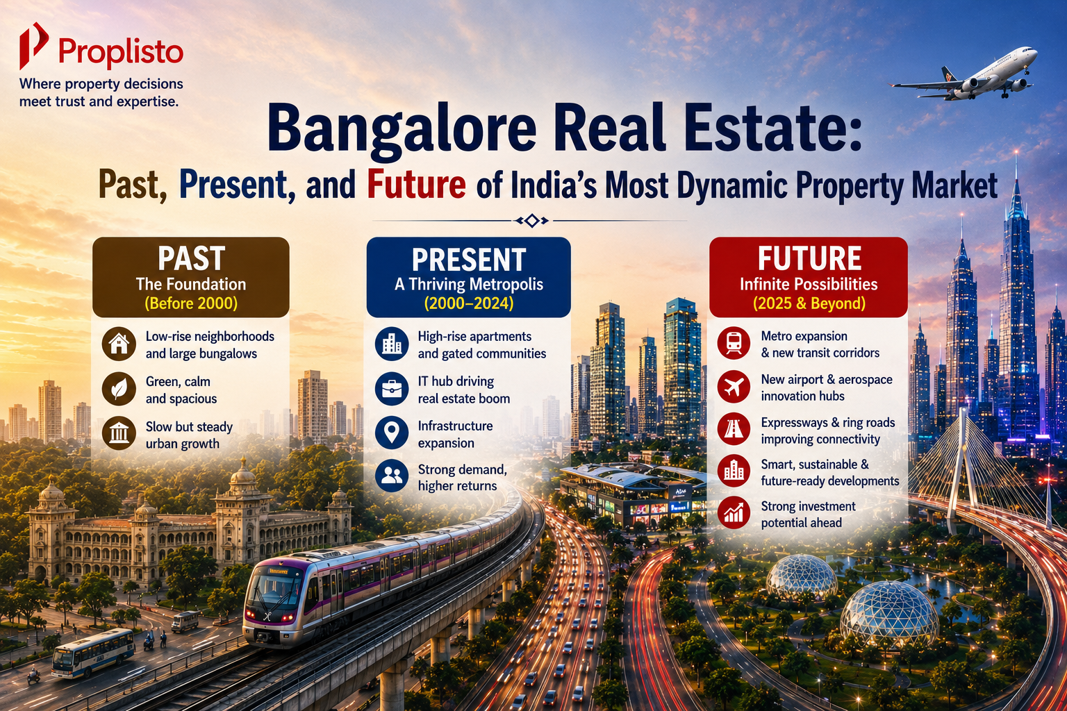 Suggested Image: A panoramic collage showcasing Bangalore's transformation from historic Garden City landmarks to modern skylines, metro trains, IT parks, and residential developments. SEO Alt Text: Bangalore real estate evolution showing the city's journ