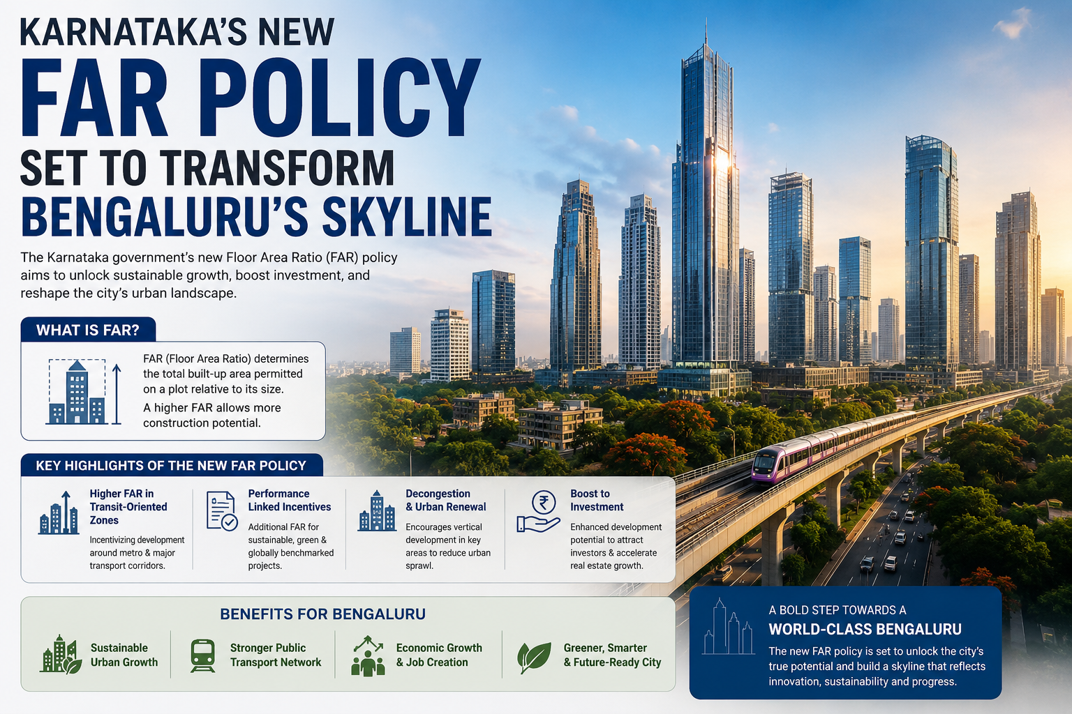 High-rise buildings and commercial towers in Bengaluru representing Karnataka’s revised FAR policy and vertical urban development growth.