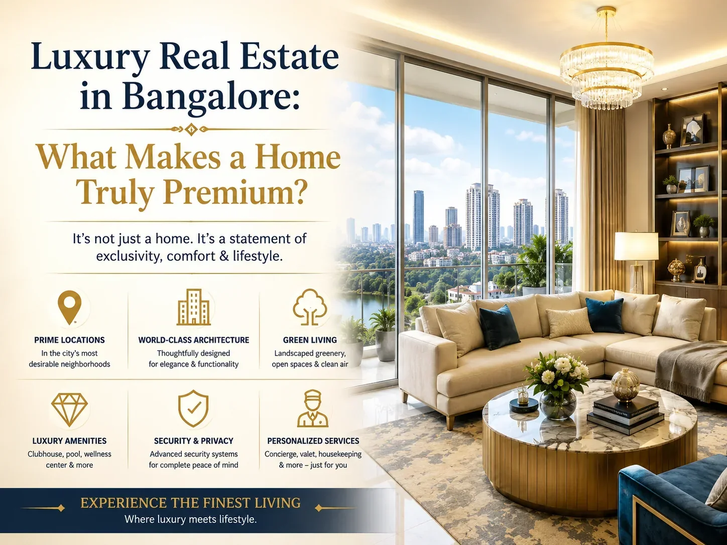 Luxury apartment complex in Bangalore featuring contemporary architecture, landscaped gardens, premium amenities, and an upscale residential lifestyle.