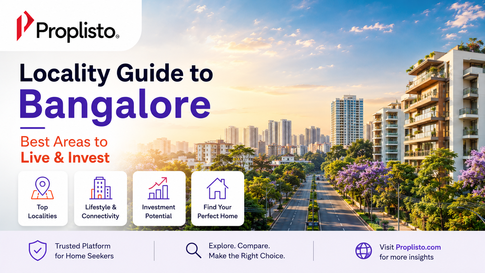 A cityscape of Bangalore showcasing modern residential apartments, villas, metro connectivity, green neighborhoods, and commercial hubs representing the city's top residential localities for homebuyers and investors.