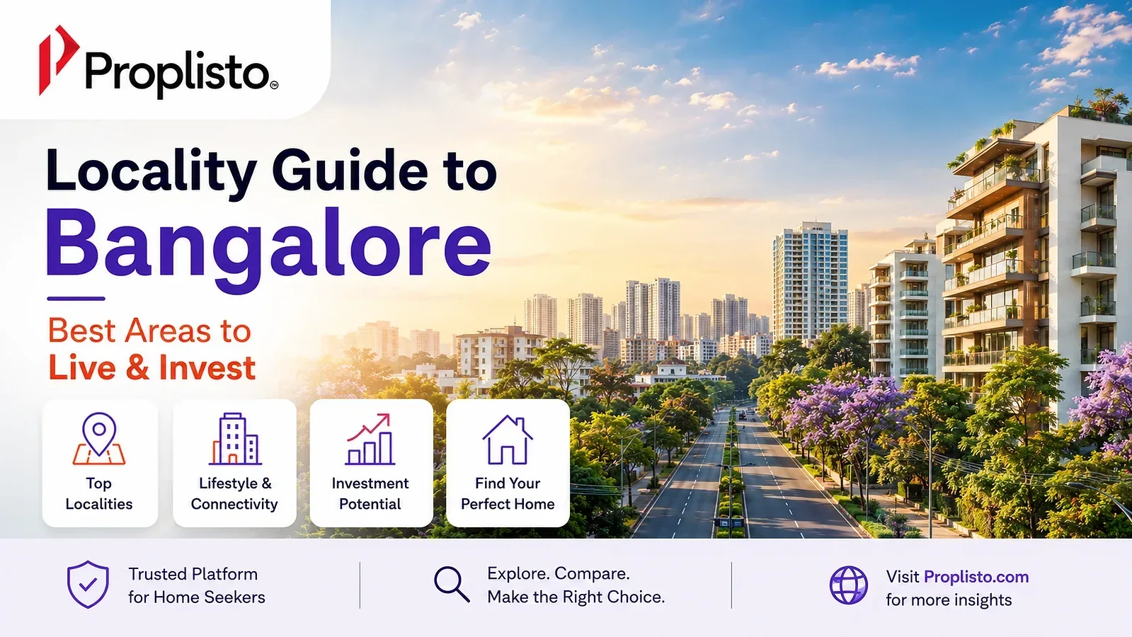 A cityscape of Bangalore showcasing modern residential apartments, villas, metro connectivity, green neighborhoods, and commercial hubs representing the city's top residential localities for homebuyers and investors.