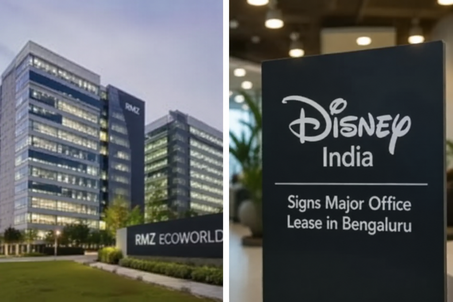 Modern commercial office towers at RMZ Ecoworld, Bellandur, Bengaluru, representing Disney India's large office space lease in the city.