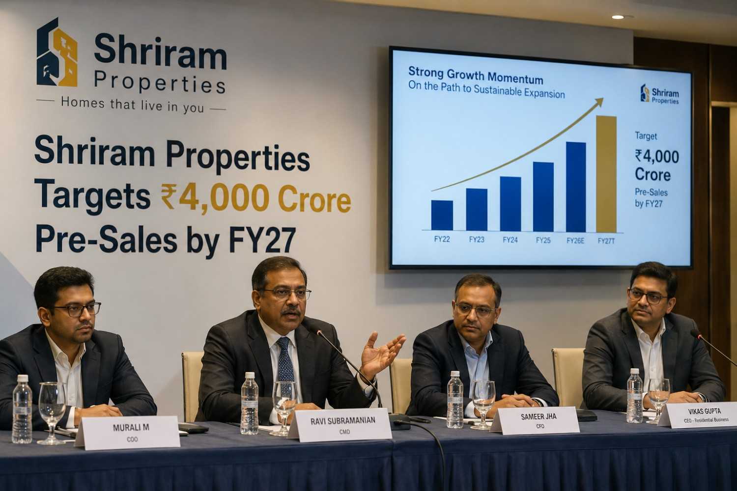 Shriram Properties residential developments across major Indian cities highlighting its ₹4,000 crore pre-sales target for FY27.