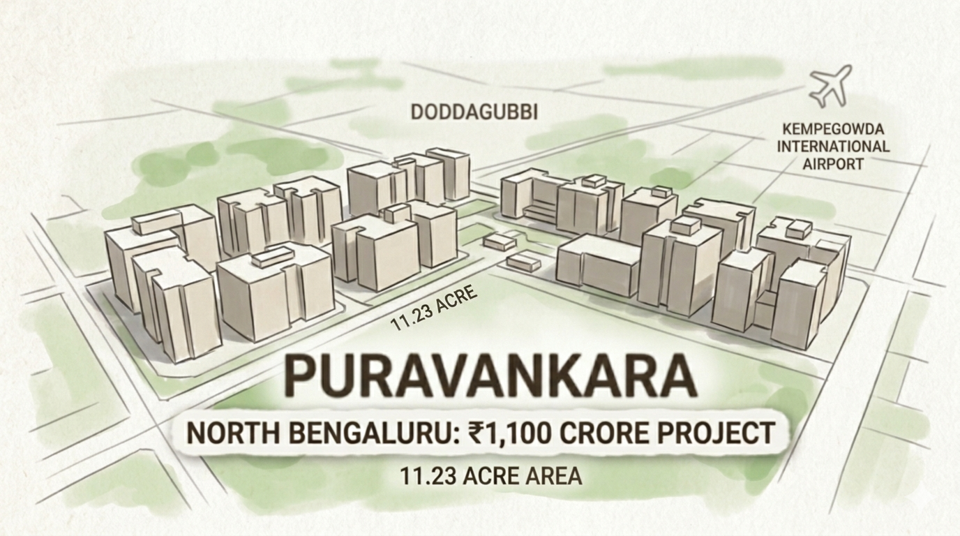 Aerial view of a large residential development site in North Bengaluru showcasing Puravankara's upcoming ₹1,100 crore housing project. SEO Alt Text: "Puravankara residential project in North Bengaluru with ₹1,100 crore development value"