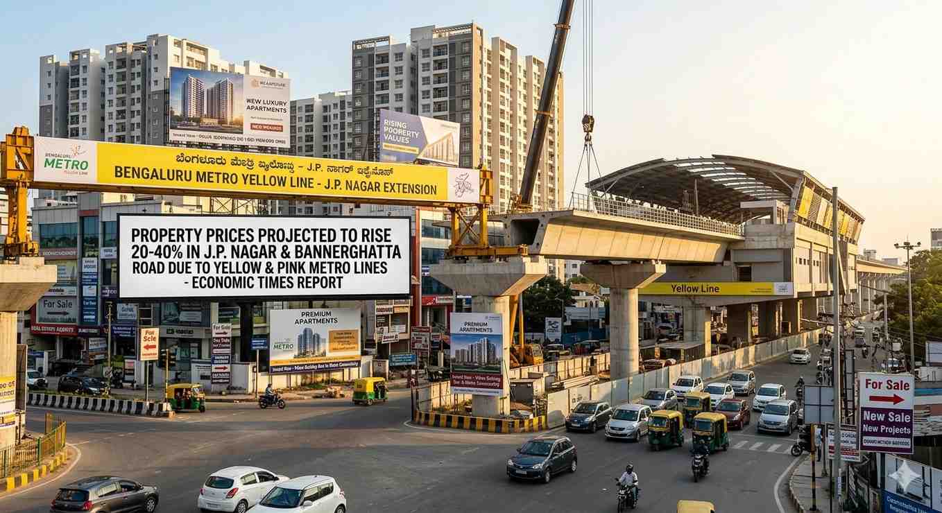 Modern Bengaluru skyline with Namma Metro train passing through South Bengaluru residential areas during sunset. Alt text: “South Bengaluru property growth driven by Yellow and Pink Metro Lines”